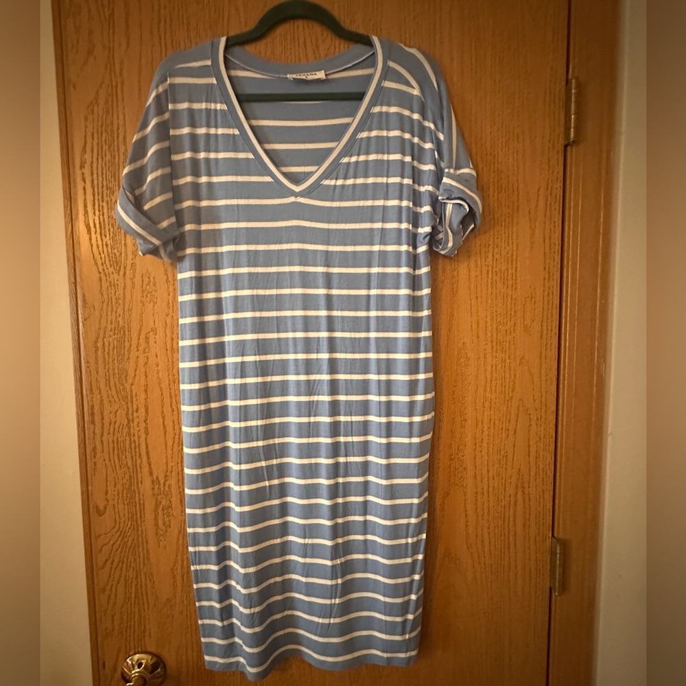 Zenana Blue and White Striped V-Neck Shirt Dress- NWOT- Small